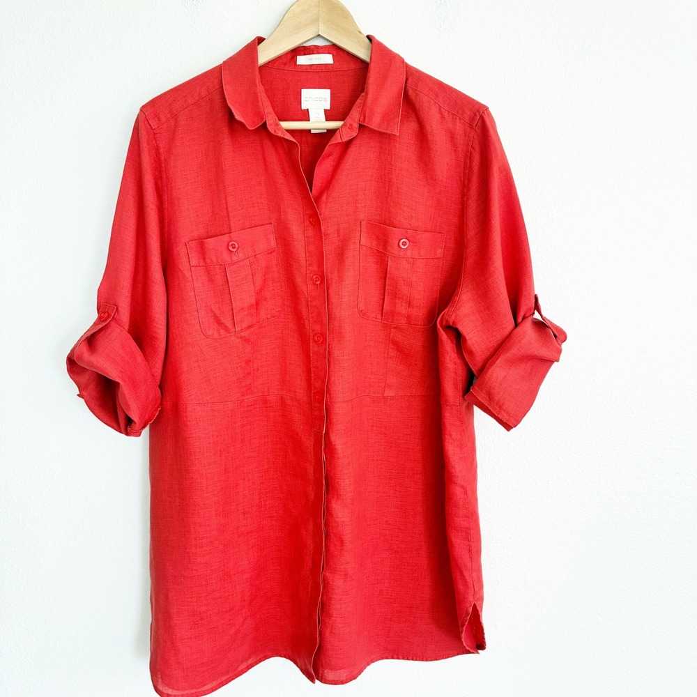 Chico's Button Down 100% Linen Tunic Shirt Women 2 L No-Iron Roll-Tab Sleeve Top